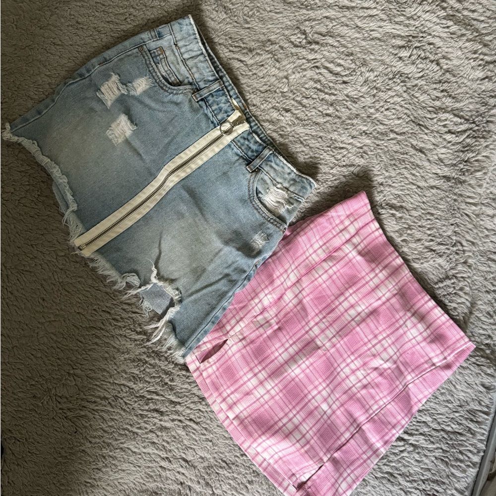 2 in 1 bundle! Kids Stylish Pink Plaid and Distressed Denim Shorts
